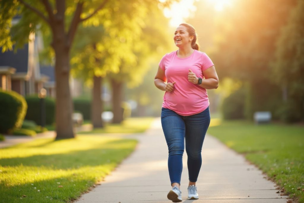 Woman Jogging on Sunny Pathway Near Weight Loss Clinic